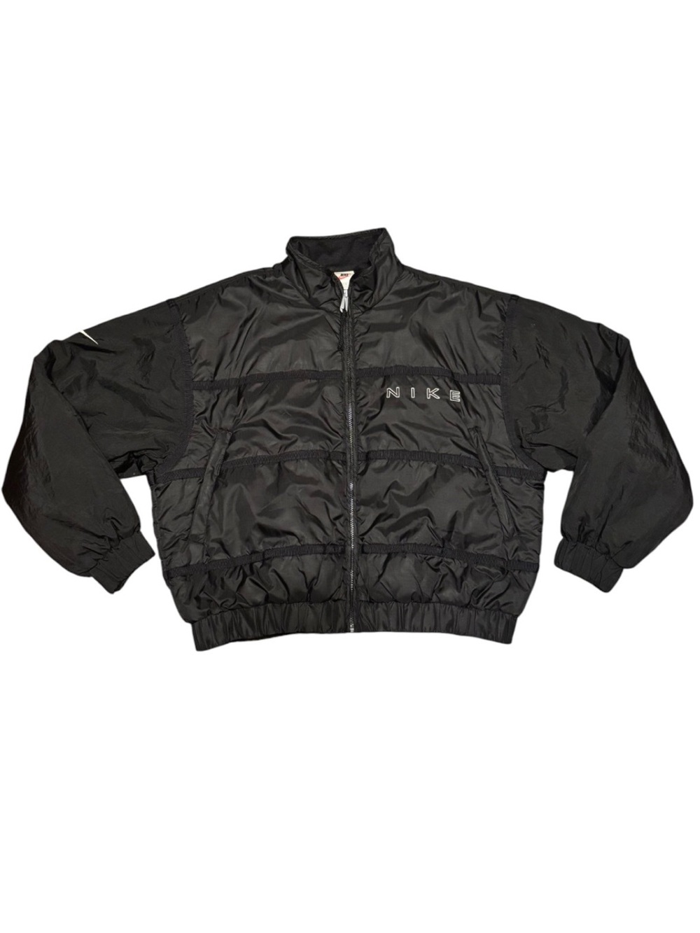 Vintage Nike Puffer Jacket Womens Large Black Boxy Spellout Swoosh 90s